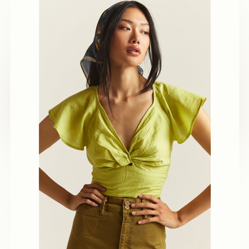 Anthropologie Lime Green Twist-Front Flutter Sleeve Top